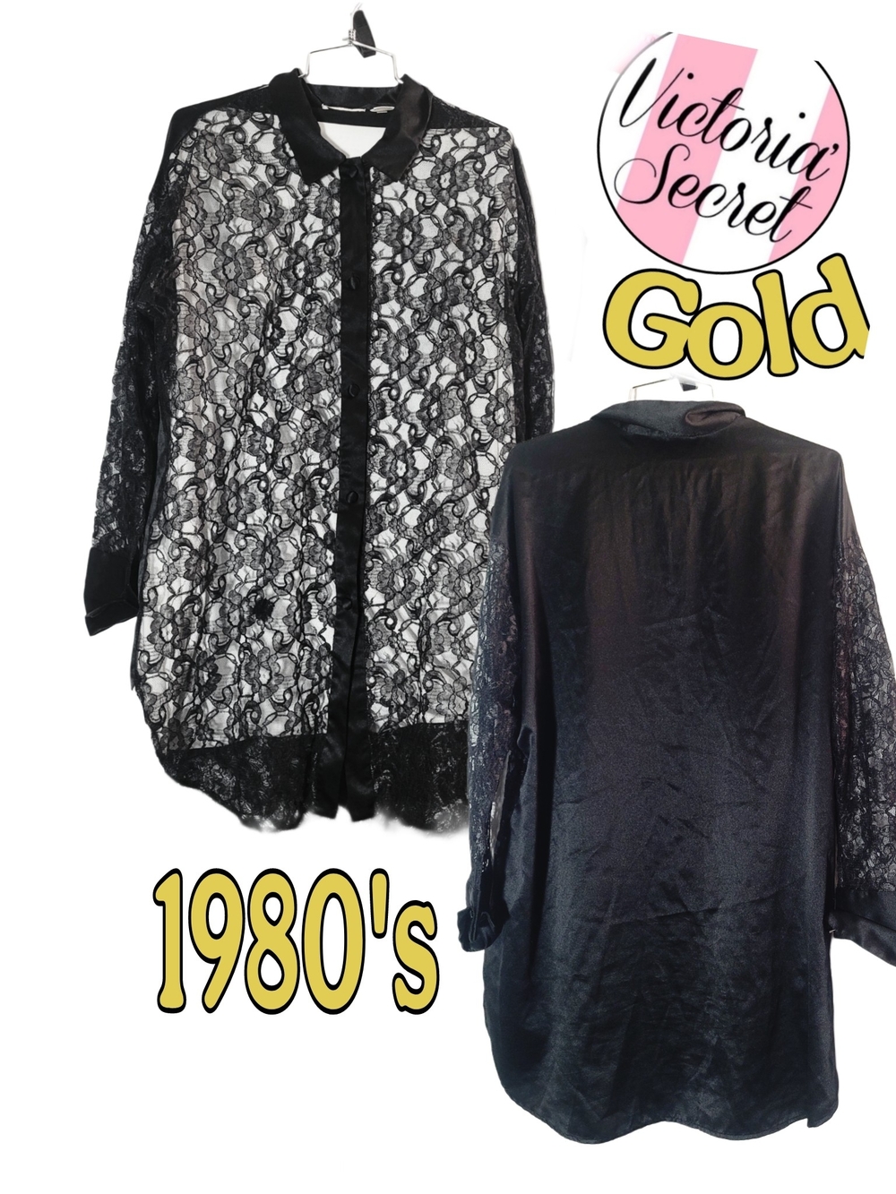 1980s Gold Label Victoria's Secret Black Lace Satin Sheer Front Button-Up
